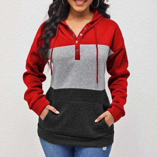 Neck Button Patch-Work Style Winter Hoodie For Her.