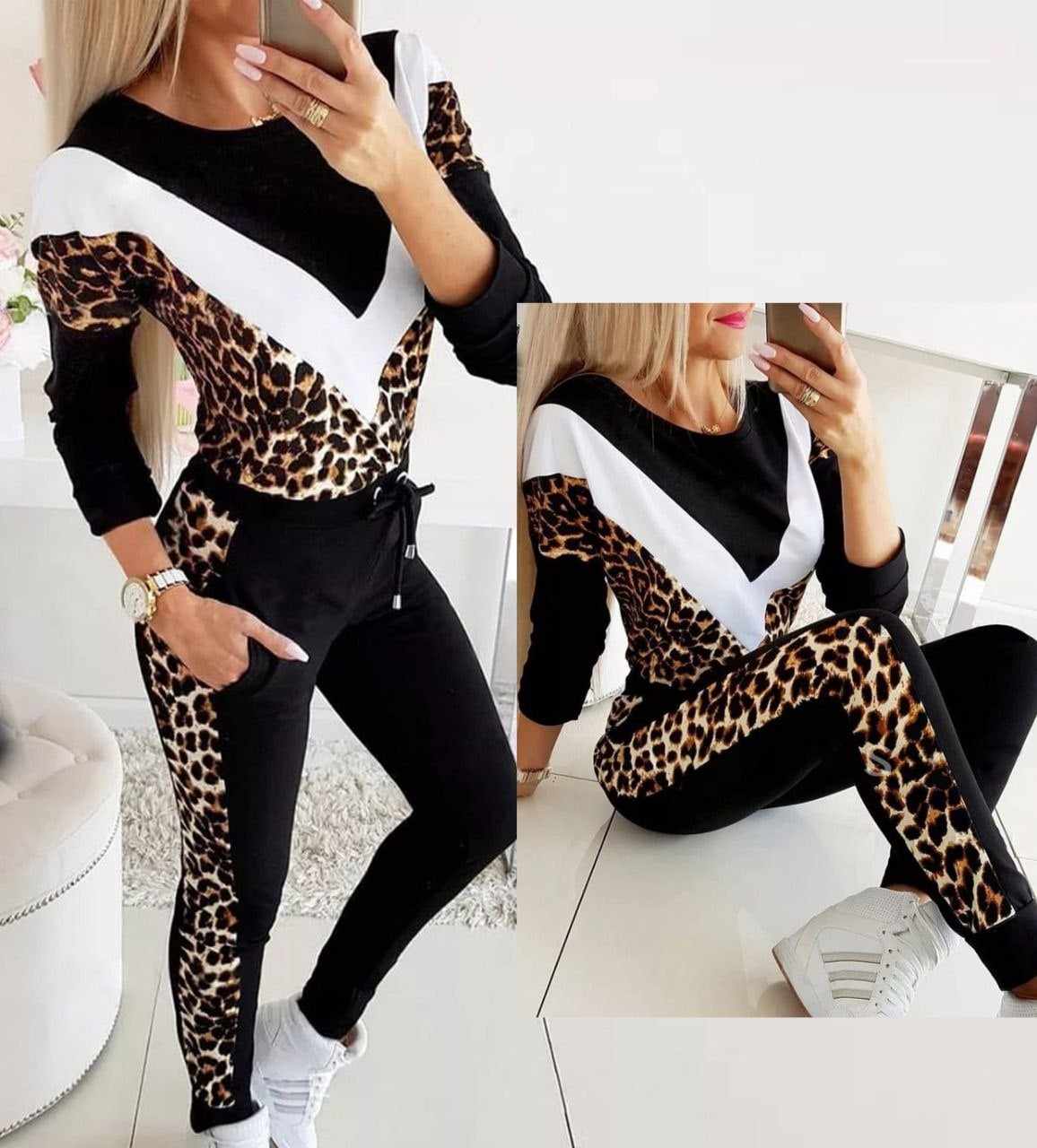 V-Style Cheetah Printed Winter 2-Pcs Tracksuit For Her.