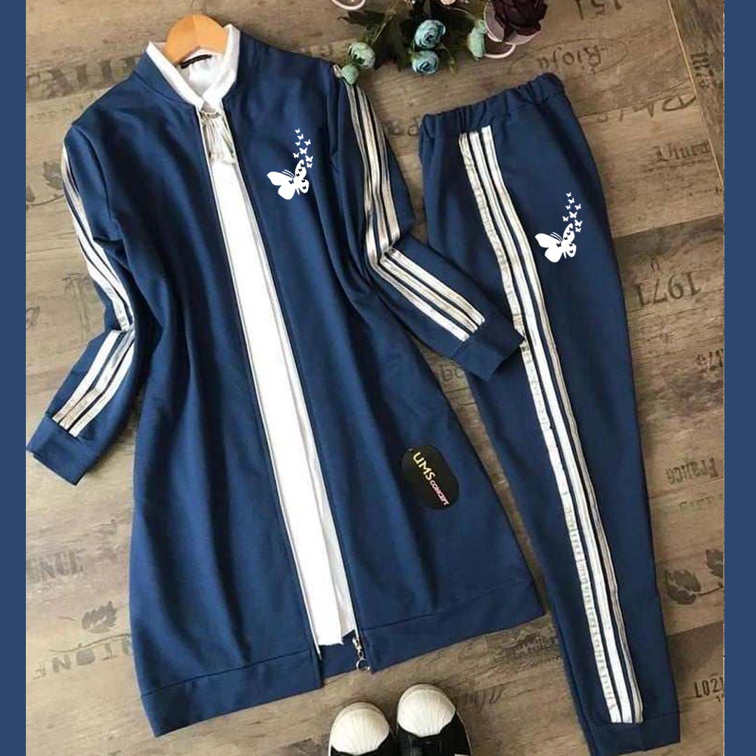 Butterfly Printed 3-Stripe Style Winter 2-Pcs Tracksuit For Her. D-11