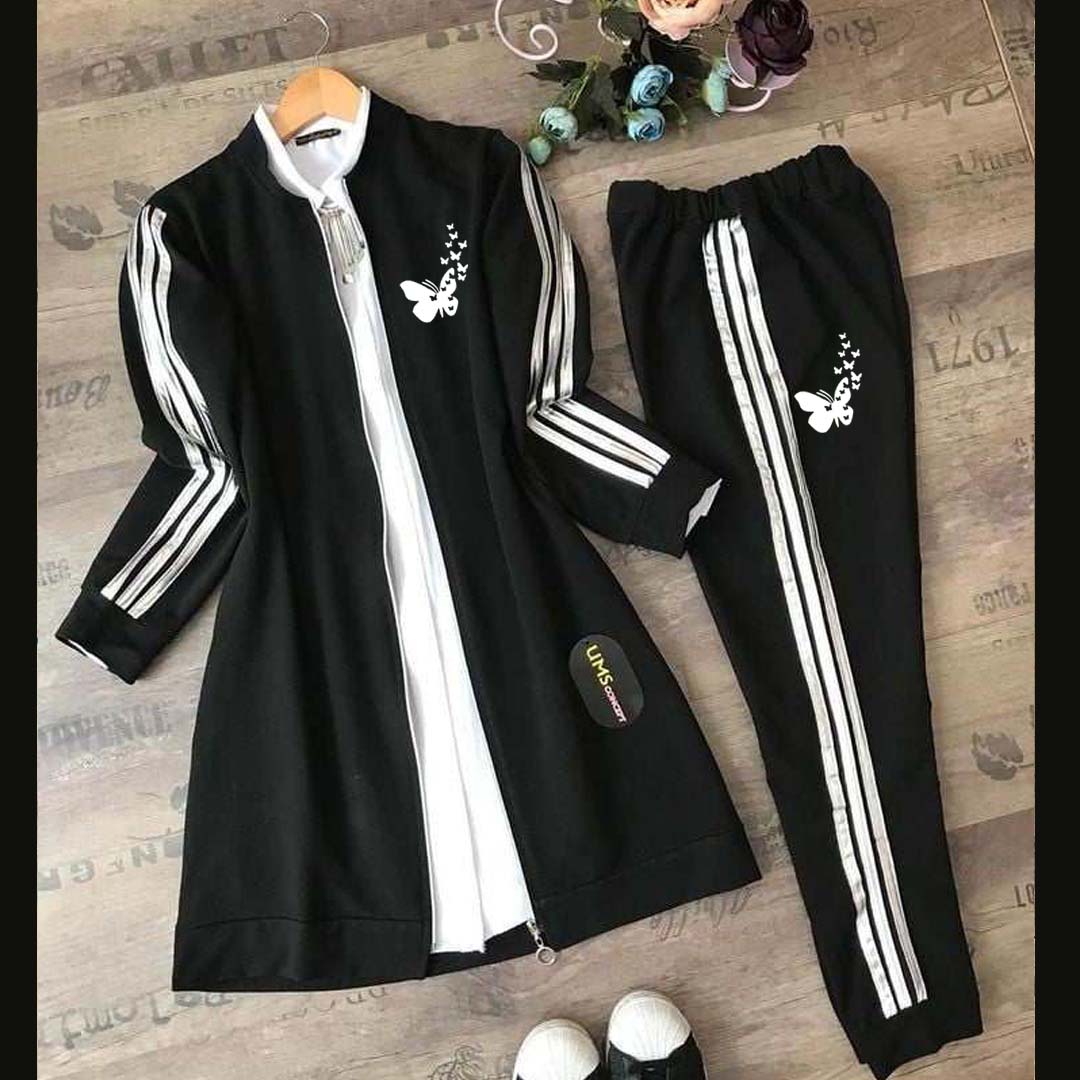 Butterfly Printed 3-Stripe Style Winter 2-Pcs Tracksuit For Her. D-11